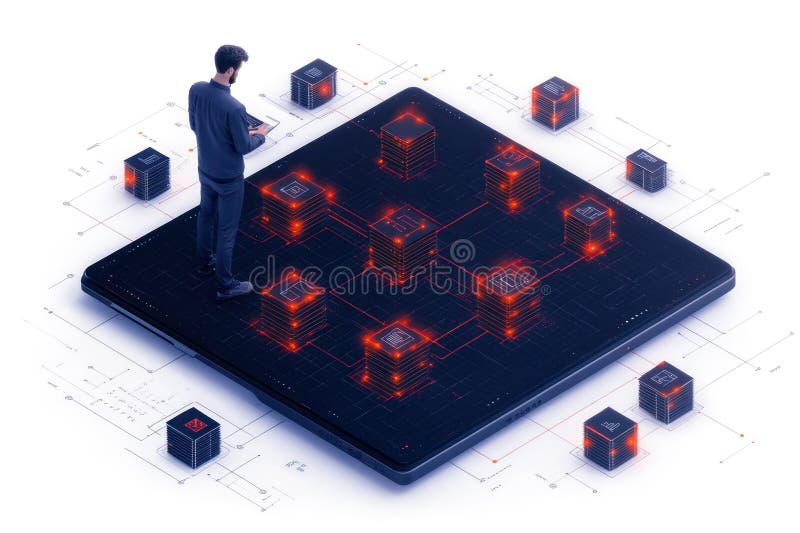Businessman Managing Digital Database: Organization of Knowledge in the Digital Era stock illustration