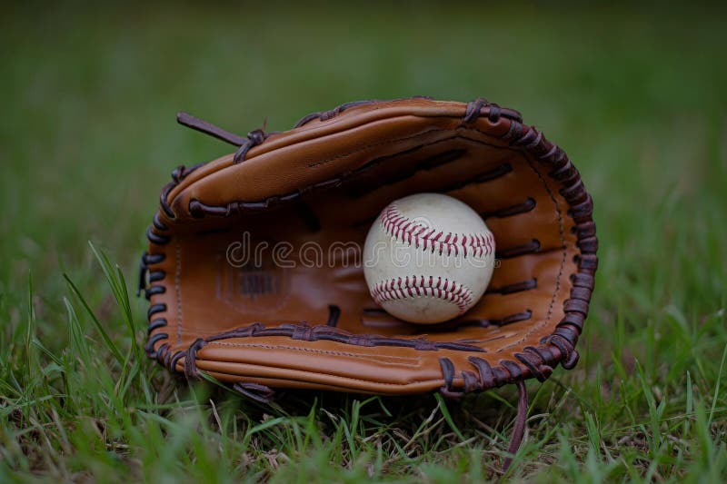 The image depicts a classic baseball and a brown leather glove resting on a sunlit field royalty free stock images