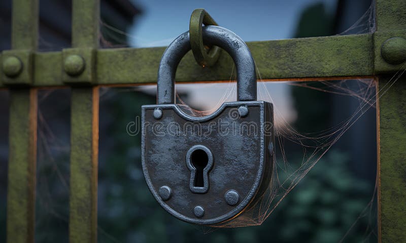 Close-up of a weathered metal padlock securing a gate with spider web royalty free illustration