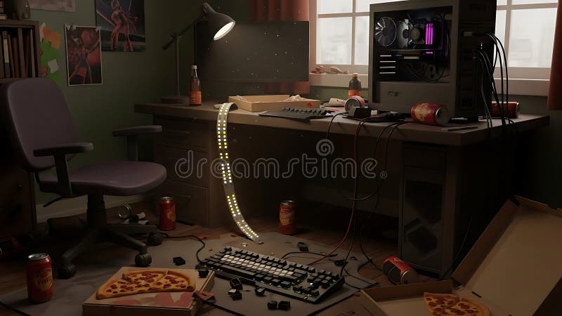 A cluttered and disorganized workspace with pizza boxes and computer equipment stock illustration