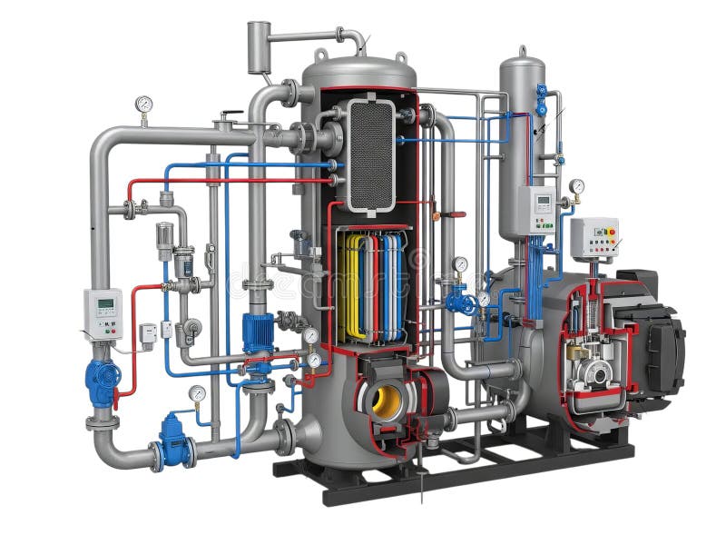 Industrial processing plant with multiple pipes and valves royalty free illustration