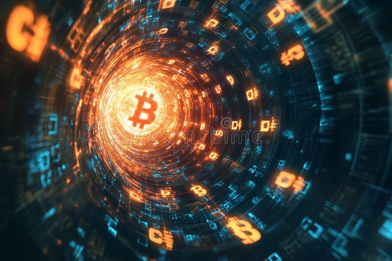 Bitcoin Cryptocurrency Digital Tunnel with Glowing Orange and Blue Blockchain Data Patterns royalty free illustration