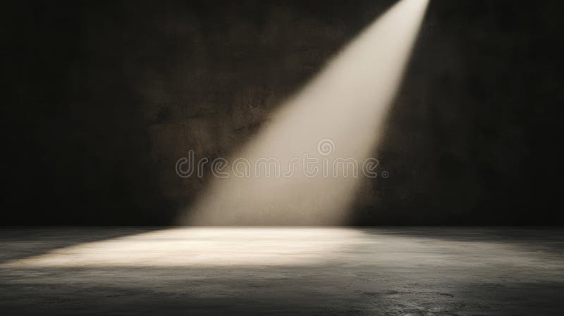 A spotlight illuminates a dark room, casting a bright beam of light onto the floor. stock photo