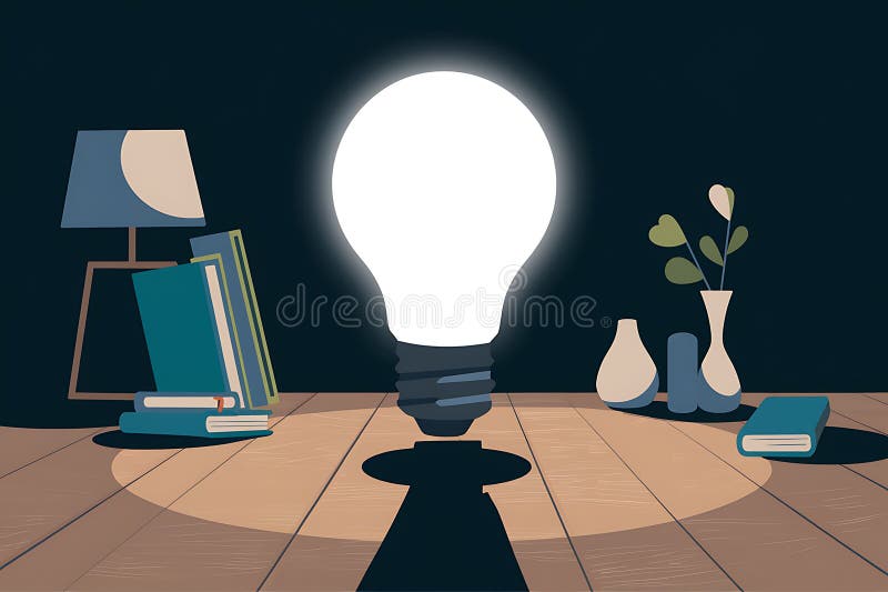 Illuminated Desk Scene with Books, Lamp, and Vases stock illustration