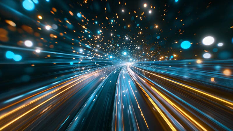 The image depicts a dynamic, abstract representation of light streaks and