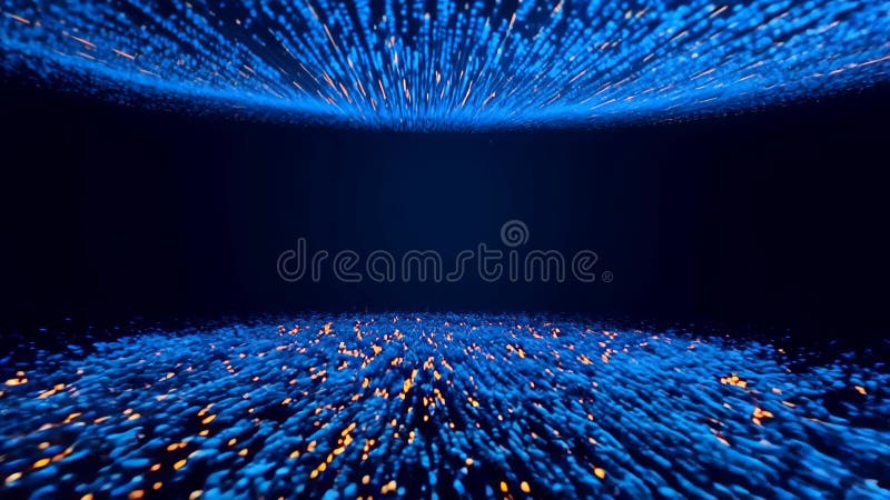 The image depicts a dynamic, abstract space filled with blue particles and glowing elements, conveying a sense of depth and stock illustration