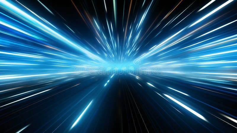 The image depicts a dynamic burst of blue light streaks, creating a sensation of high-speed movement.