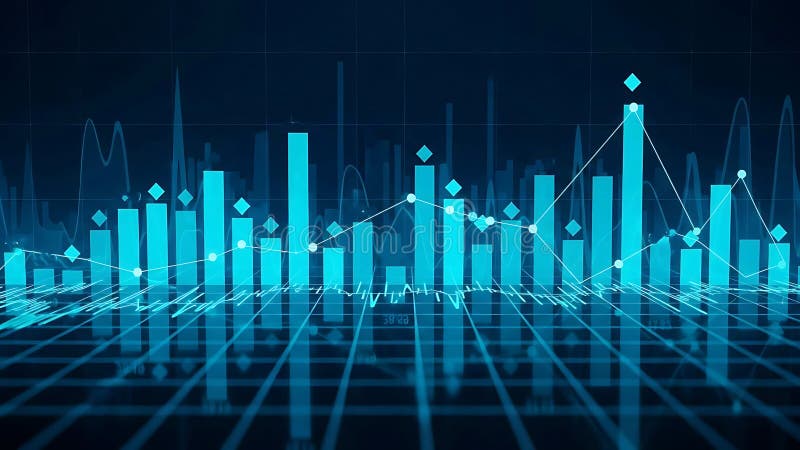 A futuristic digital graph with blue bars and lines on a grid background stock illustration