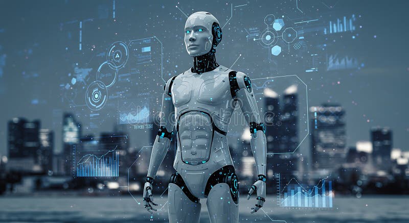 AI-Generated Humanoid Robot Analyzing Data in Smart City royalty free illustration