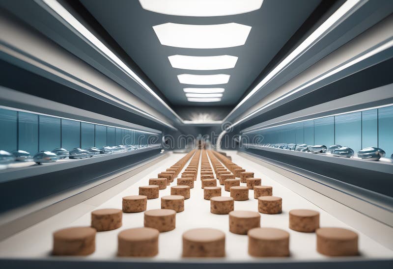 Futuristic Production Line with Cylindrical Objects. The image depicts a futuristic production line in a high-tech manufacturing facility. The scene features a symmetrical array of cylindrical objects, possibly corks or plugs, placed on a conveyor belt. The sleek, modern environment is illuminated by bright overhead lights, creating a clinical and efficient atmosphere. The sides of the production line are bordered by glass panels, adding to the high-tech aesthetic. AI generated