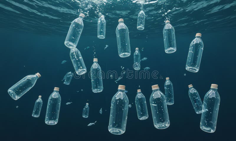 Plastic bottles float in the dark blue ocean, creating sense depth and scale. vector illustration