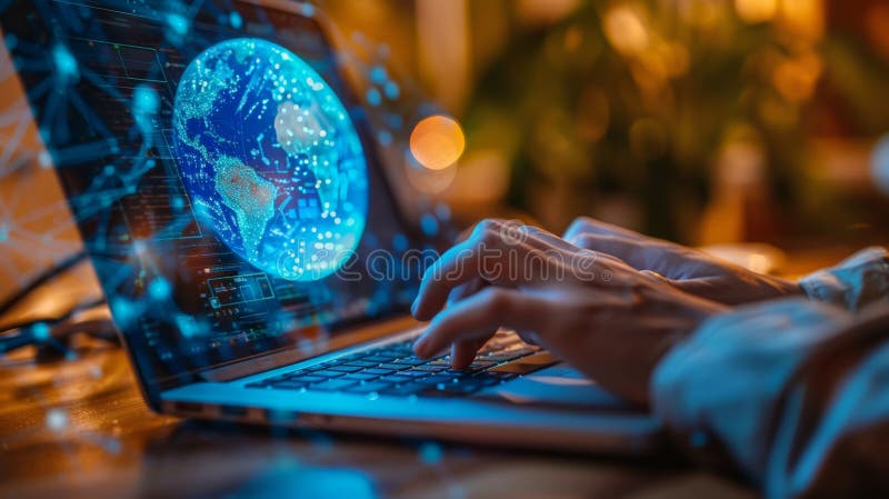 Tastarea pe notebook cu sistem de operare generativ pentru globul digital stock image