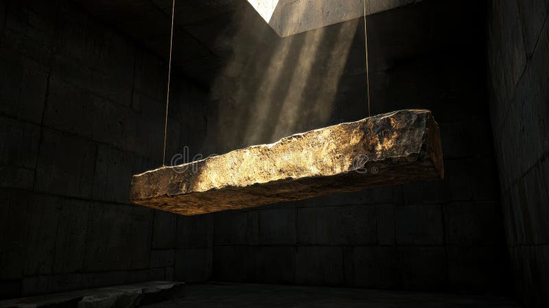 The image depicts a large, rectangular stone suspended from the ceiling of a dimly lit room. The stone is illuminated by a beam of sunlight that shines down from the top right corner, casting a warm glow on its surface. The stone appears to be made of a rough, possibly stone-like material. The room has dark gray or black stone walls, and the floor is also dark. The overall atmosphere of the room is dark and mysterious, with the stone and sunlight providing the primary sources of light. Large rectangular light source stock images, royalty-free photos and pictures