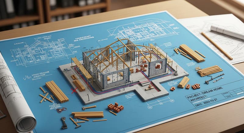 Detailed architectural model on blueprints royalty free illustration