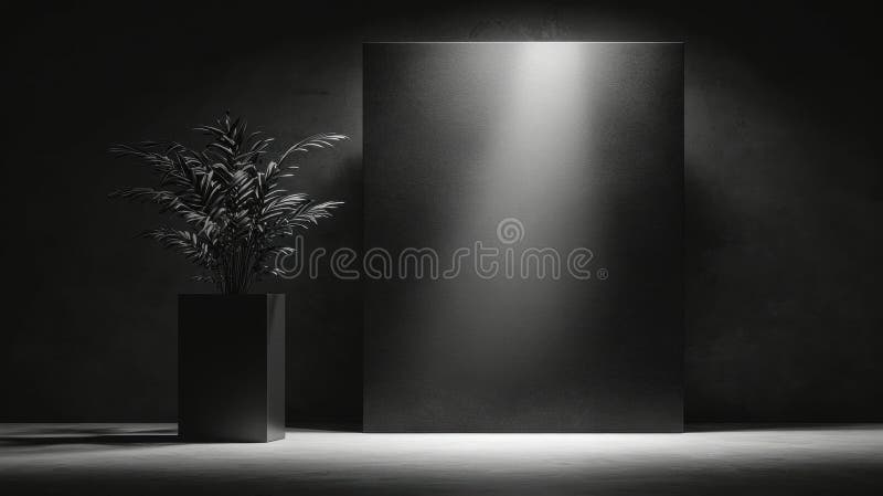 The image depicts a minimalist black and white scene featuring a tall, rectangular, black pillar with a flat top. A potted plant with long, slender leaves is positioned to the left of the pillar, casting a shadow on the floor. A bright light source shines from the top right corner of the pillar, illuminating the plant and casting a dramatic shadow on the floor. The stark contrast between the black pillar and the white floor creates a visually striking image. Large rectangular light source stock images, royalty-free photos and pictures