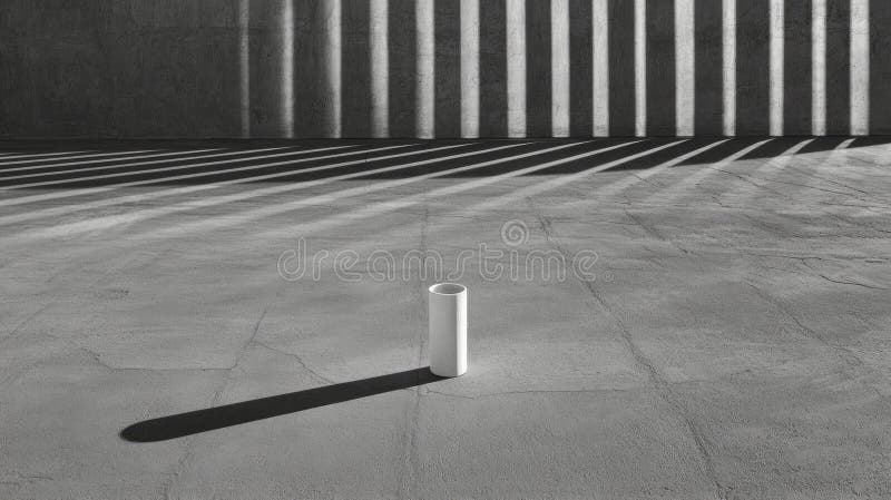 The image depicts a minimalist scene featuring a single, white cylindrical object standing alone on a concrete floor. The object is positioned in the center of the frame, casting a long shadow that stretches across the floor, mirroring the object's shape. The floor is made of concrete with visible cracks and imperfections, adding texture to the scene. The background is a wall with vertical lines, possibly made of concrete or a similar material, creating a sense of depth and perspective. The image is captured in black and white, emphasizing the contrast between the white object and the dark background. Mirroring object stock images, royalty-free photos and pictures