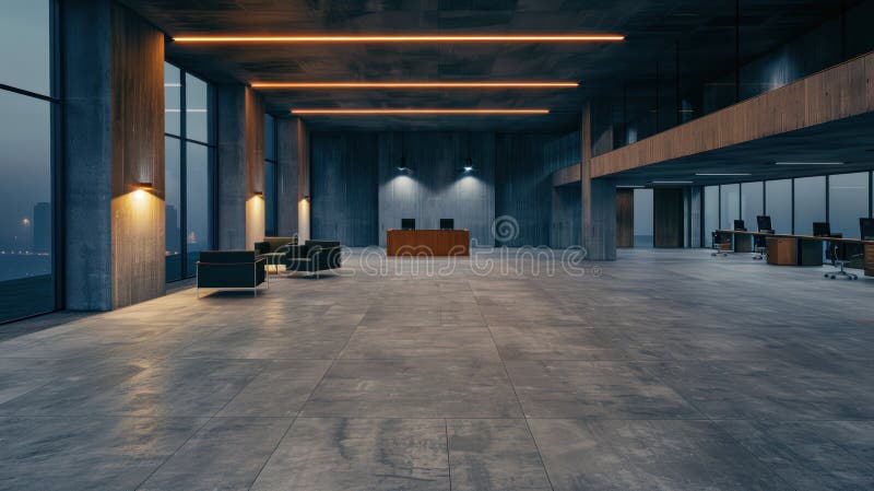 Modern Business Workspace with Concrete Flooring, Windows, and Computers royalty free illustration