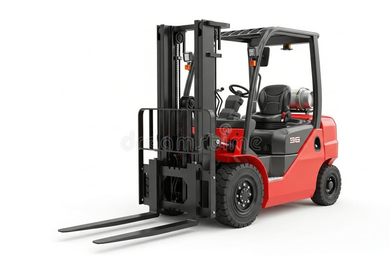 Red industrial forklift in operation vector illustration