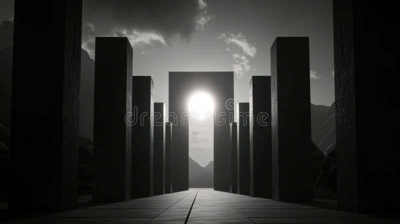 The image depicts a serene, black and white scene featuring a long, straight pathway leading towards a large, rectangular opening in the center. The pathway is flanked by tall, dark, rectangular pillars, creating a sense of depth and perspective. The opening in the center is illuminated by a bright, circular light source, possibly the sun. The background reveals a mountainous landscape, adding to the overall tranquility of the scene. The image is rendered in a 3D style, enhancing the sense of depth and perspective. Large rectangular light source stock images, royalty-free photos and pictures