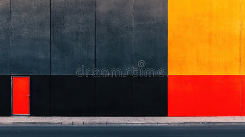 A colorful wall with a door on the left. The image depicts a striking building with a large, rectangular wall that features a bold color scheme of black, yellow, and red. The wall is divided into three distinct sections, with the top section being black, the middle section being yellow, and the bottom section being red. A small, red door is situated on the left side of the wall, contrasting with the larger, colorful design. The building is situated on a street, with a sidewalk running parallel to the wall. The sidewalk is made of light-colored bricks or stones. The street in front of the building is dark gray or black. AI generated