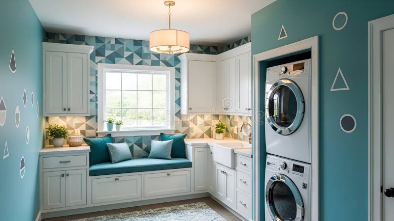 Modern laundry room with built-in bench vector illustration