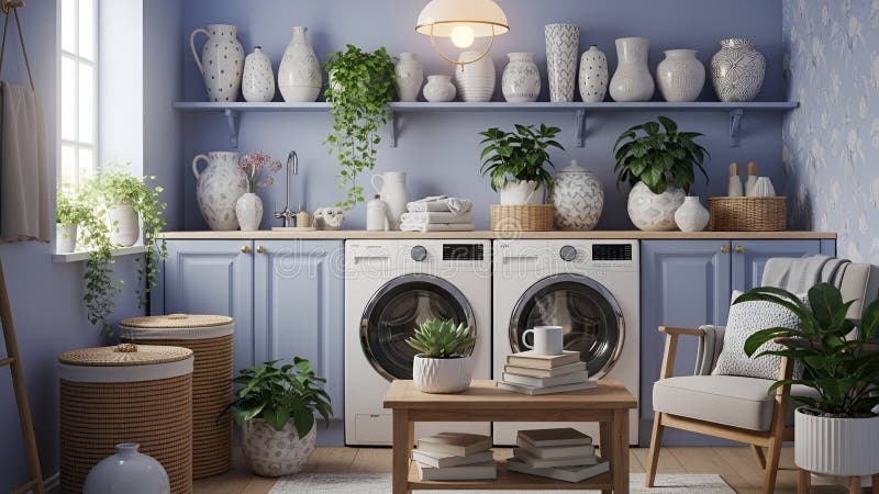 Modern laundry room with plants and decorative vases vector illustration