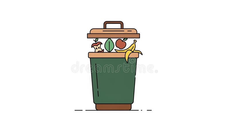 Colorful illustration of an overflowing green compost bin with fresh fruit and vegetable scraps spilling out on a wooden vector illustration