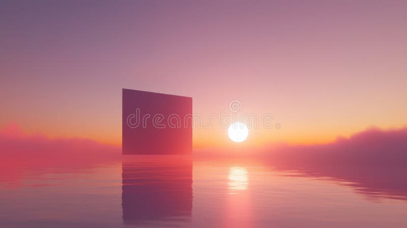 The image depicts a surreal scene of a large, dark-colored, rectangular object floating in a body of water. The object is positioned in the center of the image, with the sun, a bright white circle, positioned to the right of it. The sky is a gradient of pink and purple hues, creating a dreamlike atmosphere. The water appears calm and reflective, mirroring the colors of the sky and the object. The overall composition of the image is balanced and harmonious, with the object and the sun as the central focus. Mirroring object stock images, royalty-free photos and pictures