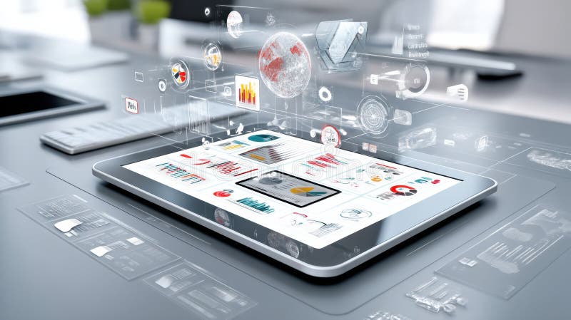 Exploring the Interconnection of Data Analytics and Business Through Innovative Tablet Technology stock illustration