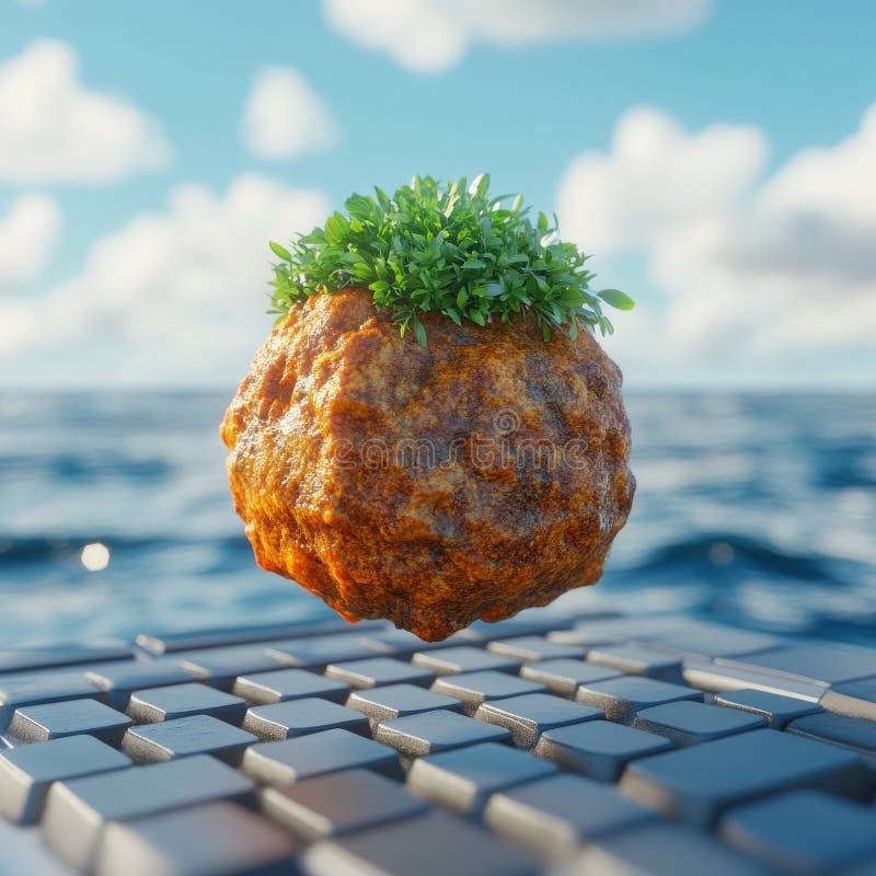 The image depicts a tranquil sea with a floating island made entirely of toasted bread, created using digital 3D royalty free stock images