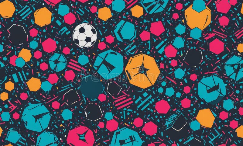 Tipar abstract vibrant include formele geometrice ale bilei de fotbal și se amestecă nuanțe de portocaliu roz albastru cu nuanțe n royalty free illustration