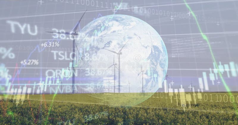 Image of diagrams and data processing with globe over field with wind turbines royalty free stock images