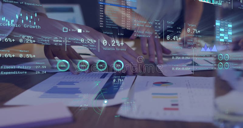 Image of diagrams and data processing over diverse colleagues discussing work in office. Global business, teamwork and digital interface concept digitally generated image.
