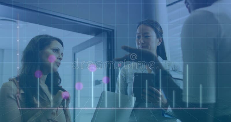Image of diagrams over diverse business people discussing work stock photos