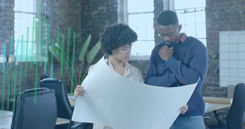 Image of diagrams over diverse colleagues with blueprints in office royalty free stock images