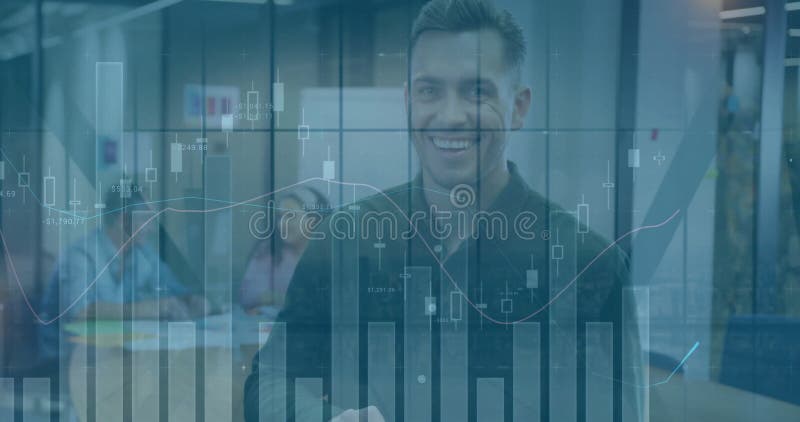 Image of diagrams over diverse colleagues discussing work stock photo