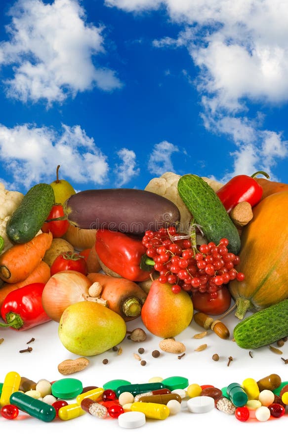 Image of different fruits and pills