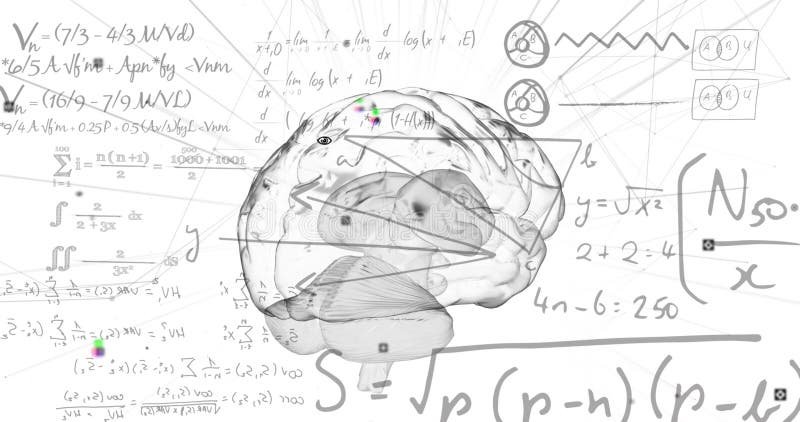 Image of digital brain and mathematical equations on white background stock illustration