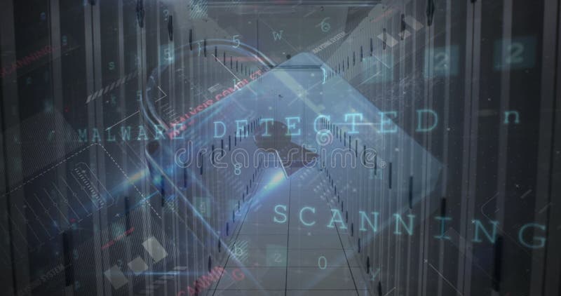 Image of digital data processing and security padlock over server room royalty free illustration