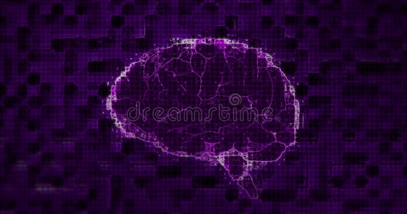 Image of a digital glowing pixelated purple 3d human brain spinning in seamless loop on glowing purp royalty free illustration