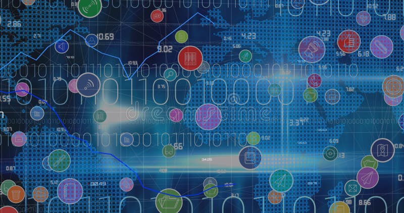 Image of digital icons and data processing with binary coding over world map in background stock photo