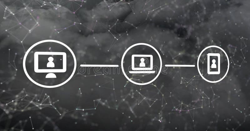 Image of digital icons and network of connections against thunder and dark clouds vector illustration