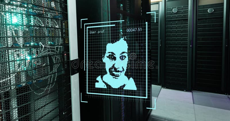 Image of digital images against illuminated server racks in server room royalty free stock image