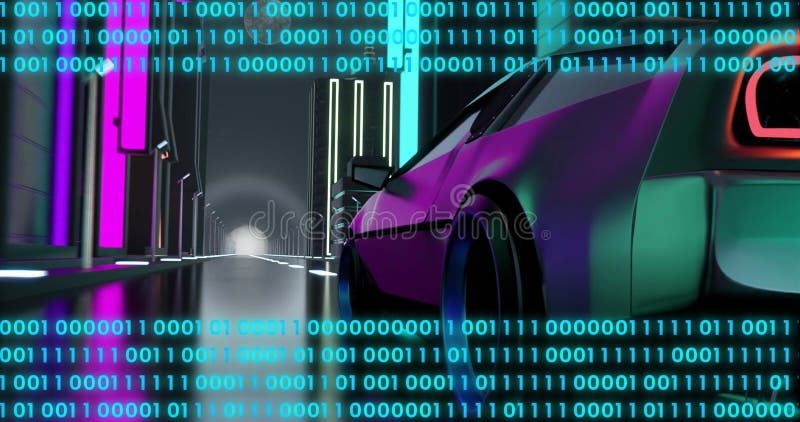 Image of digital interface with binary coding over car driving. Global connections, networks, data processing and digital interface concept digitally generated image