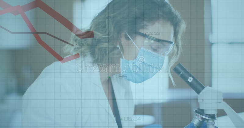 Image of digital interface showing statistics with scientist using microscope wearing face masks royalty free illustration