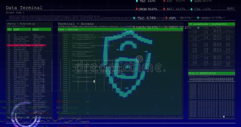 Image of digital shield with padlock over data processing on digital screen stock illustration