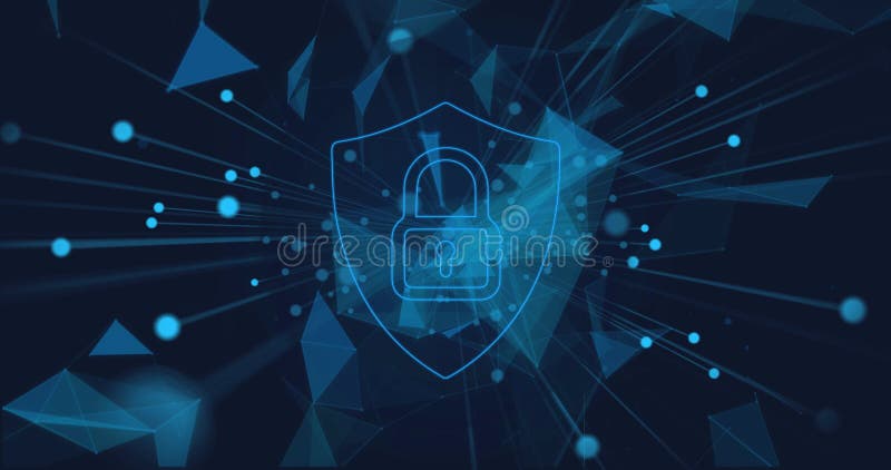 Image of digital shield with padlock over navy background with shapes vector illustration