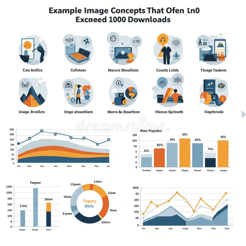 The image displays a collection of infographic concepts, including circular icons and royalty free illustration