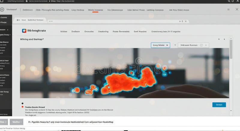 The image displays a computer screen with a heat map overlay, indicating areas of high interaction or focus, represented by intensified red and orange colors on a webpage. The screen belongs to a website with tabs visible at the top, suggesting navigation. The background appears blurred, likely due to the camera lens focusing on the screen. The layout suggests a user interface being analyzed for engagement or usability, potentially reflecting user behavior data.