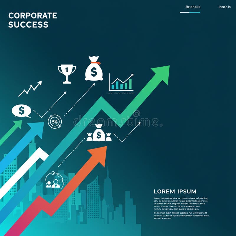 The image displays a conceptual graphic focusing on corporate success, featuring royalty free illustration